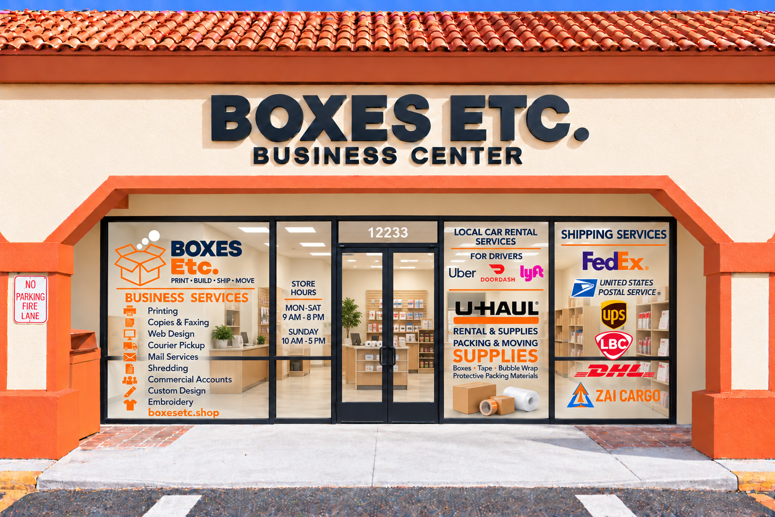 Boxes Etc. storefront signage concept with printing and shipping services, FedEx, USPS, UPS, LBC, DHL and ZAI Cargo logos