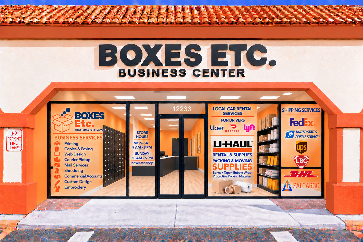 Boxes Etc. storefront with orange interior